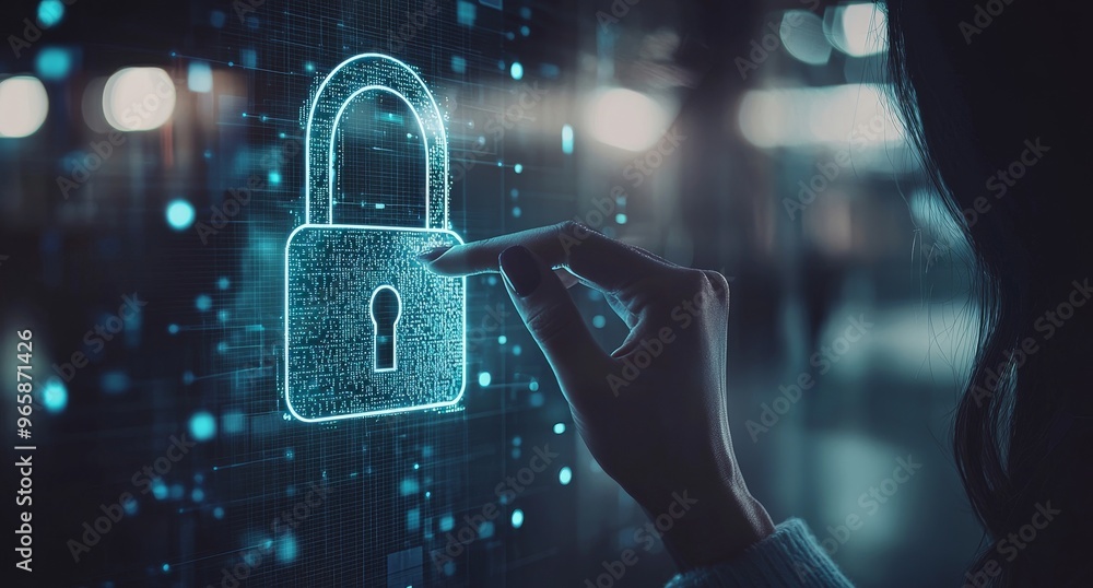 Poster three-dimensional rendering of a digital padlock used by a businessman to protect data
