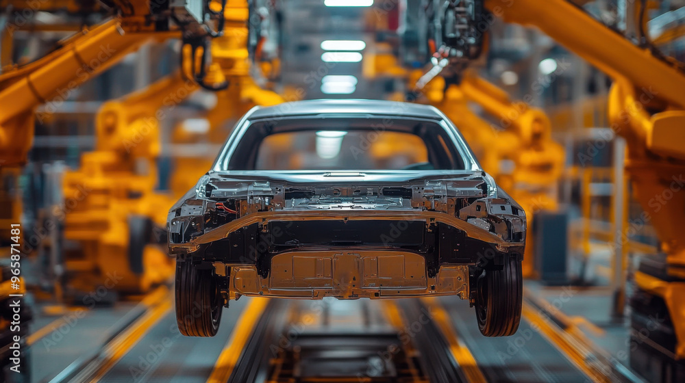Poster a car frame suspended in an advanced factory assembly line with robotic arms in action, highlighting