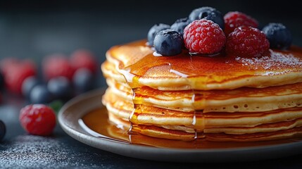 Delicious Stack of Pancakes with Syrup and Fresh Berries Perfect for Breakfast or Brunch Recipes