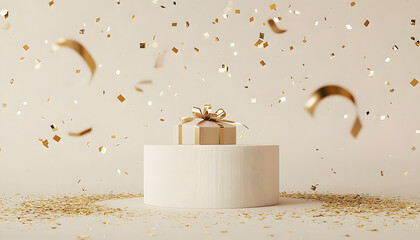 3D podium display. Beige background with gift box showcase for beauty product presentation or text. Gold confetti falling. Pedestal in studio. 3D render Christmas or birthday mockup.