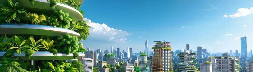 Fototapeta premium Futuristic eco-city with vertical farms, renewable energy sources, and green spaces integrated into urban planning, representing sustainability and innovation