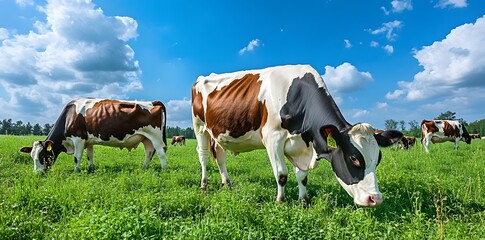 Fototapeta premium Cows Grazing in a Lush Meadow