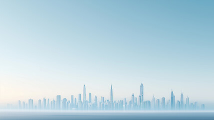 A city skyline is shown in the distance with a clear blue sky