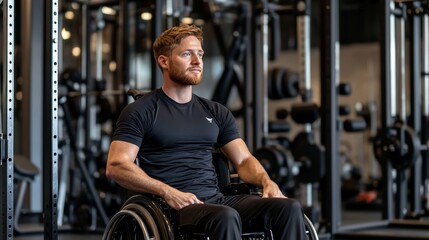 Fototapeta premium Confident Disabled Athlete in Wheelchair Posing for a Portrait in a Modern Gym Interior.