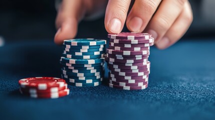 Naklejka premium Hands stacking colorful poker chips on a blue felt table, symbolizing strategy, risk, and high-stakes gambling in a casino setting
