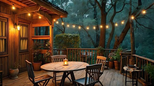 Cozy Wooden Deck with String Lights and a Table Set for Dinner