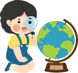 Kid Girl Looking Through A Magnifying Glass Globe