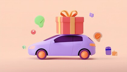 3D style automobile car carrying the gift box, 3d rendering.