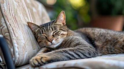 A relaxed cat sleeping peacefully on a cushioned chair in a serene outdoor setting.