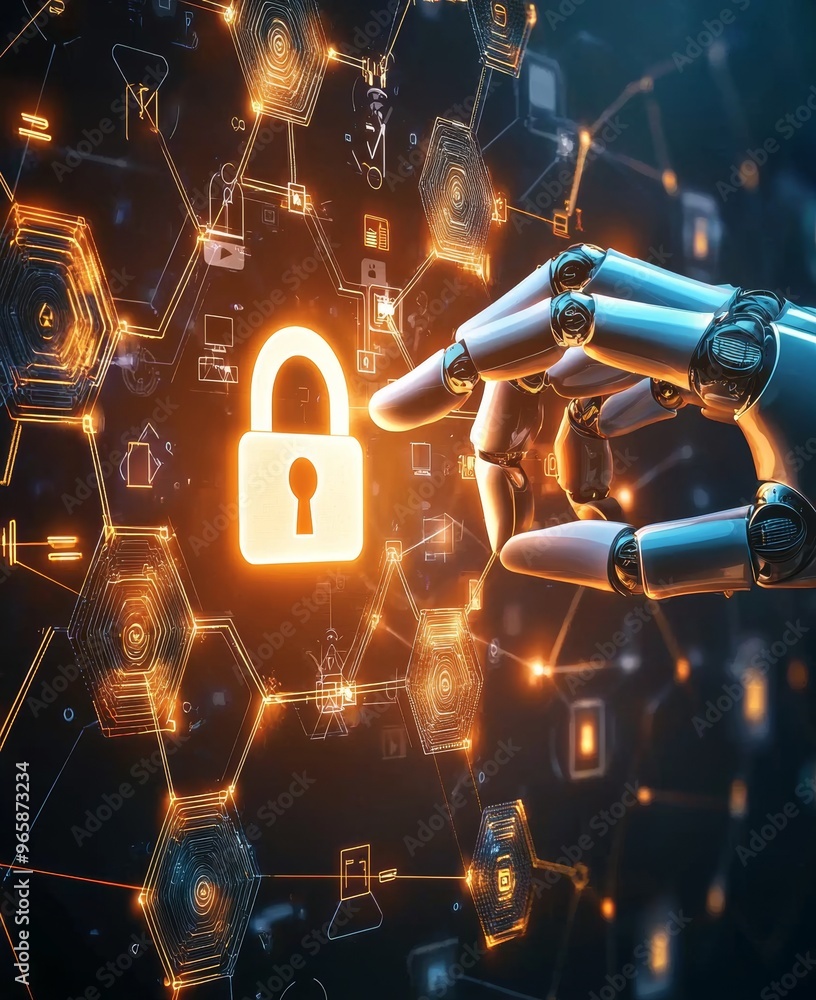 Poster an image of a white robot hand using a cyber security data interface is rendered in 3d