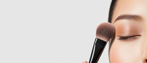 Model applying subtle brown eyeshadow with a precision brush, minimalistic background highlighting the makeup process, perfect for cosmetics branding