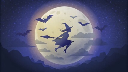 Witch Silhouette Flying on Broomstick Across Full Moon with Bats Circling
