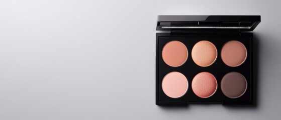 Neutral makeup palette with soft, matte brown shades, minimalist black packaging, perfect for natural look beauty campaigns and high-end cosmetics