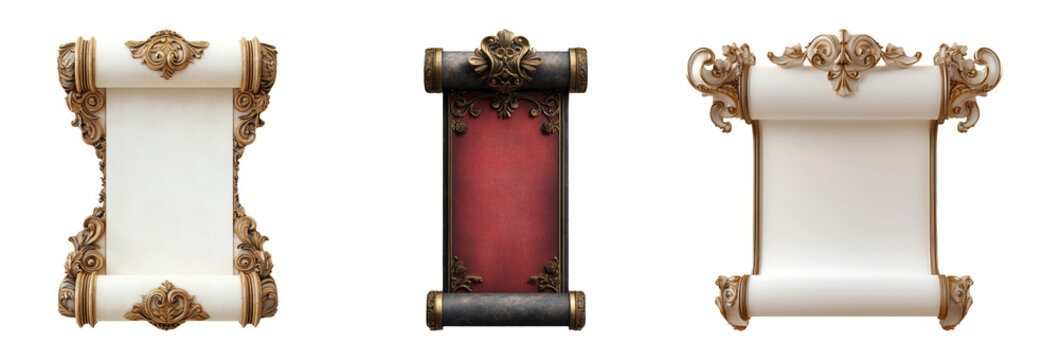 Vintage scrolls with ornate designs in three variations isolated on transparent background
