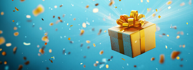 3d rendering flying gold gift box with gold ribbons and, banner. AI generation.
