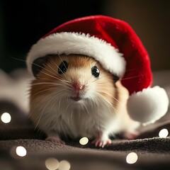 funny Hamster in Christmas red hat . Close-up portrait