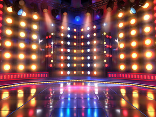 Bright colorful stage lights gameshow backdrop vibrant studio wallpaper glowing illuminated floor tv show entertainment template copy space design banner spotlight reflections retro

