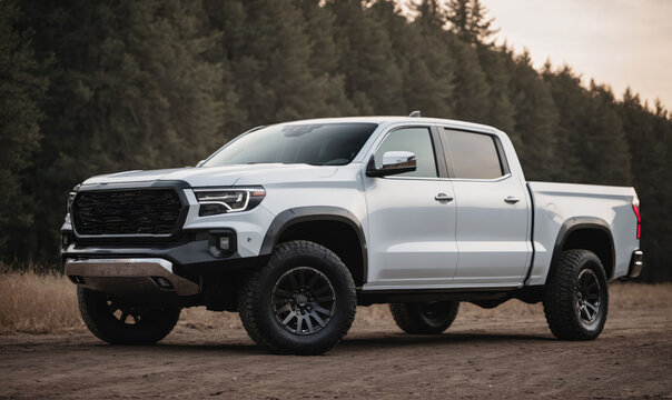 A white pickup truck is parked on a dirt road in a forest