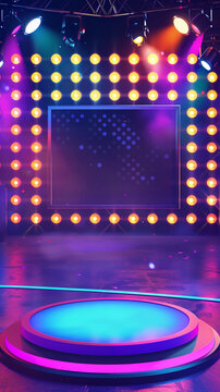 Tiny circle colorful spotlight stage podium glowing vibrant lights gameshow dramatic neon backdrop interactive futuristic entertainment abstract wall studio design template copy space
