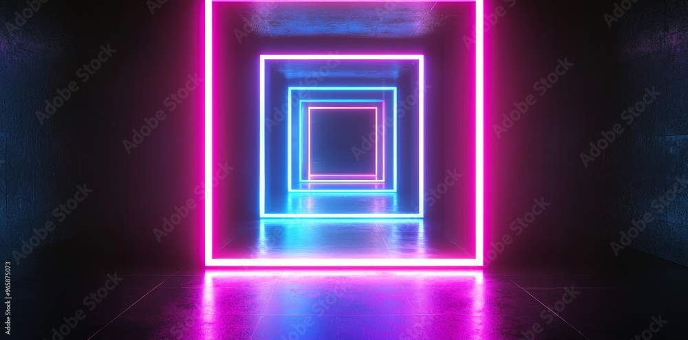 Aufkleber the rendering features an abstract minimal background with glowing lines, a tunnel, an arch, a corri