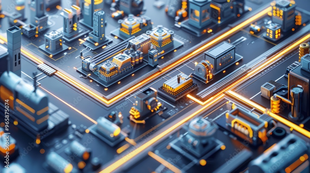 Poster advanced factory with ai-operated systems, iot devices monitoring efficiency, smart technology, high
