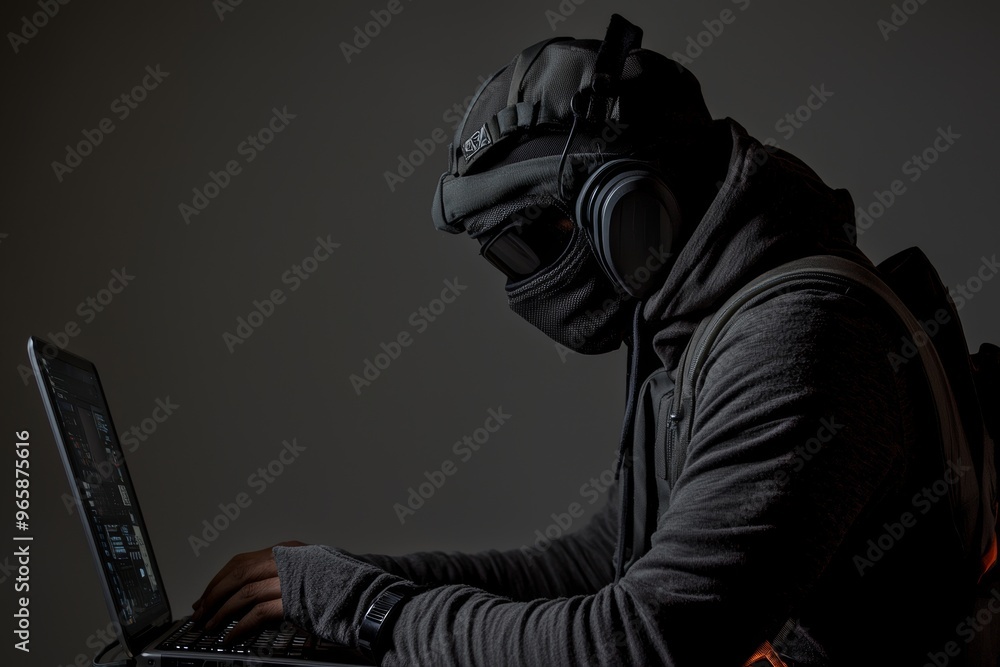 Poster a hooded hacker with a hidden face accesses personal data on a computer in the dark. a technological