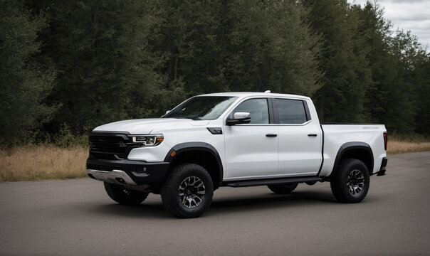 A white pickup truck drives on a paved road through a forest