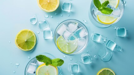 Refreshing lemon and lime drinks with ice cubes and mint leaves