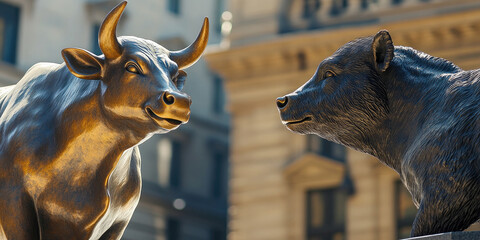 The famous bronze statues of a bull and a bear in front of the Stock Exchange building symbolize the opposing financial markets.
