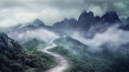 Obraz premium Winding Road Through Misty Mountains