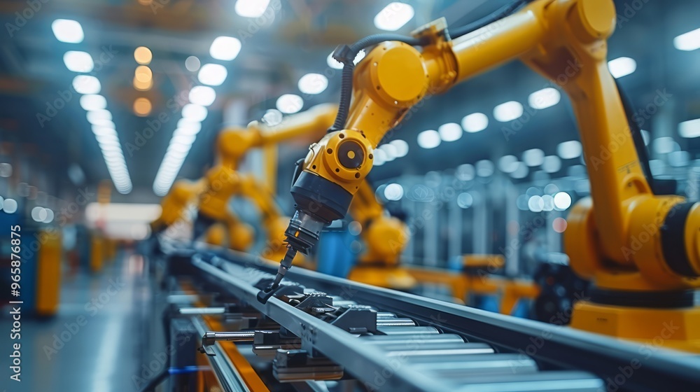 Poster busy factory floor with workers in safety helmets and gloves operating advanced robotics, efficient 