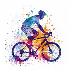 A cyclist in motion, illustrated in a dynamic watercolor style with colorful splashes that bring the scene to life on a white background.