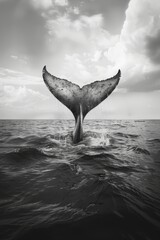 Fototapeta premium Dramatic Black and White Image of a Whale Tail in the Ocean at Sunset