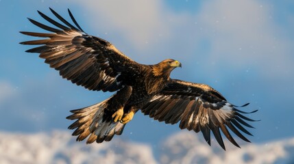 Obraz premium eagle soars gracefully over a snow-capped mountain range, showcasing its powerful wings and keen eyesight.