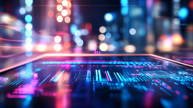 digital technology background with colorful lights; concept of fast changes, artificial intelligence, growing possibilities; copy space; tech widescreen backdrop