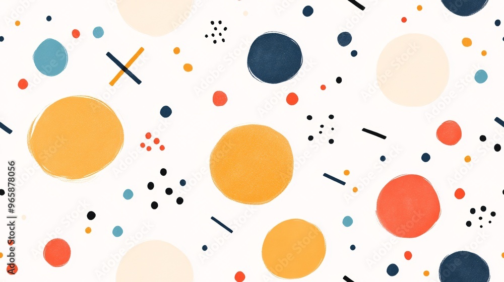 Poster playful dots and dashes: a whimsical seamless pattern of colorful dots and playful lines on a clean 