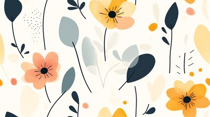 Abstract Floral Pattern: A delicate and captivating seamless pattern featuring hand-painted watercolor flowers and leaves in soft shades of yellow, orange, and blue.