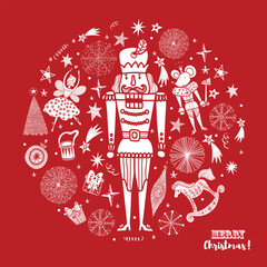 Nutcracker. Cute Christmas vector card. Interior poster.