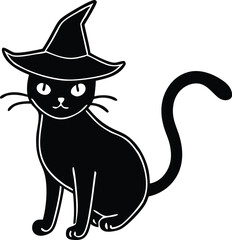 Sleek Black Cat in Pointy Witch Hat Vector Line Art Illustration
