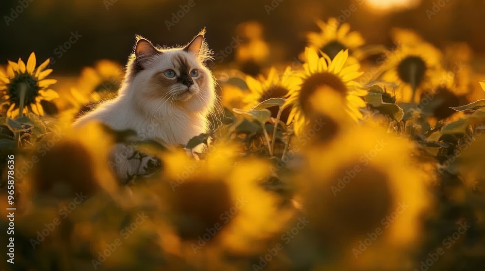 Wall mural a serene cat gazes among vibrant sunflowers in a golden field at sunset.