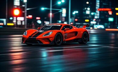 High-performance sports car racing through a neon-lit city at night..