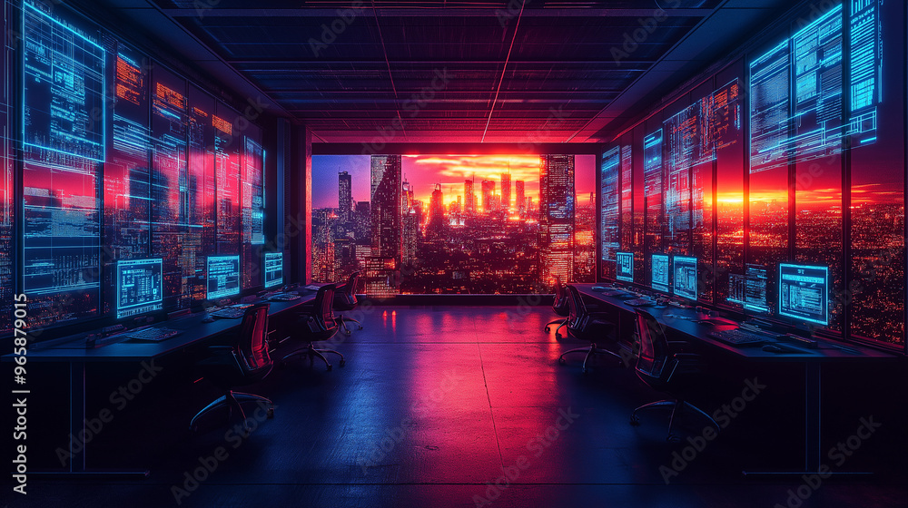 Wall mural a computer room with neon lights and a city view