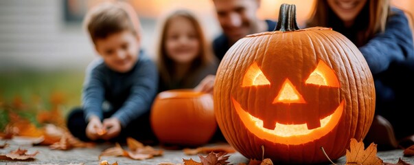 A family of four carving pumpkins in their backyard, autumn leaves scattered around, evening sky glowing pumpkin carving, Halloween family activity, cozy autumn scene - Powered by Adobe