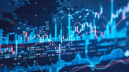Candlestick chart patterns in various calming blue tones, depicting market fluctuations and price movements. The detailed visualization offers insights into stock market trends.