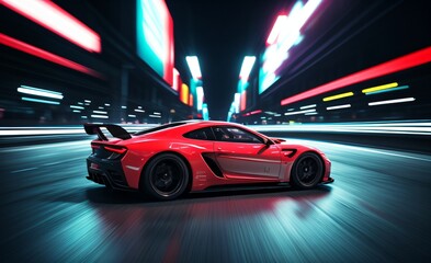 Fototapeta premium High-performance sports car racing through a neon-lit city at night..