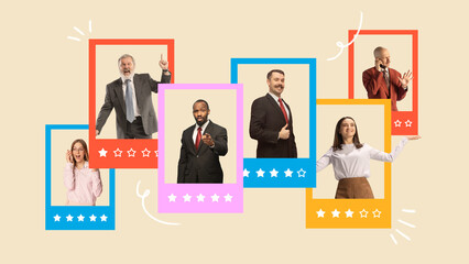 Contemporary art collage. Diverse professionals showcased in bright frames highlight potential hires for dynamic workplace environment. Concept of job, job market trends, skills development.