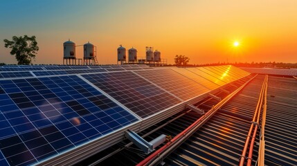 Solar-powered water heater system installed on a rooftop, demonstrating another application of solar technology in everyday life, with a focus on efficiency and sustainability, against a clear sky,