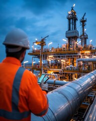 Fototapeta premium A worker in an orange jumpsuit and hardhat stands on an oil rig at dusk, looking out at the platform.