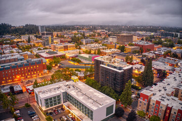 Aerial View of Downtown Eugene, Oregon on a Cloudy Morning