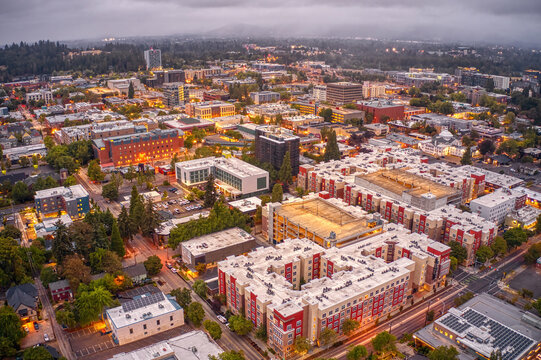 Aerial View of Downtown Eugene, Oregon on a Cloudy Morning